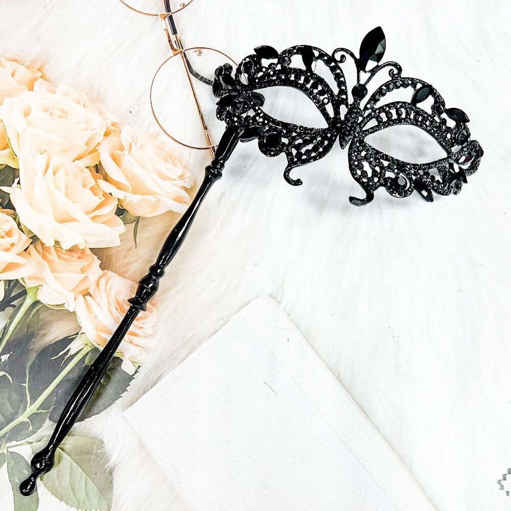 Butterfly Mask with Stick, Masquerade Ball Mask, Black Crystal Masquerade Mask - Picture 7 of 8